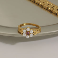 Load image into Gallery viewer, Stainless steel pearl flower ring set with zirconium