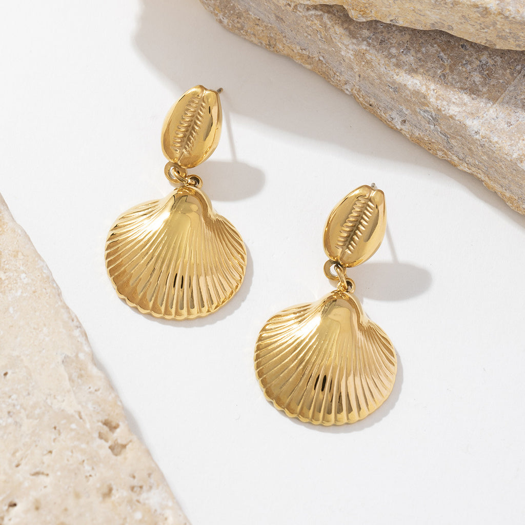 Golden stainless steel shell pendant earrings