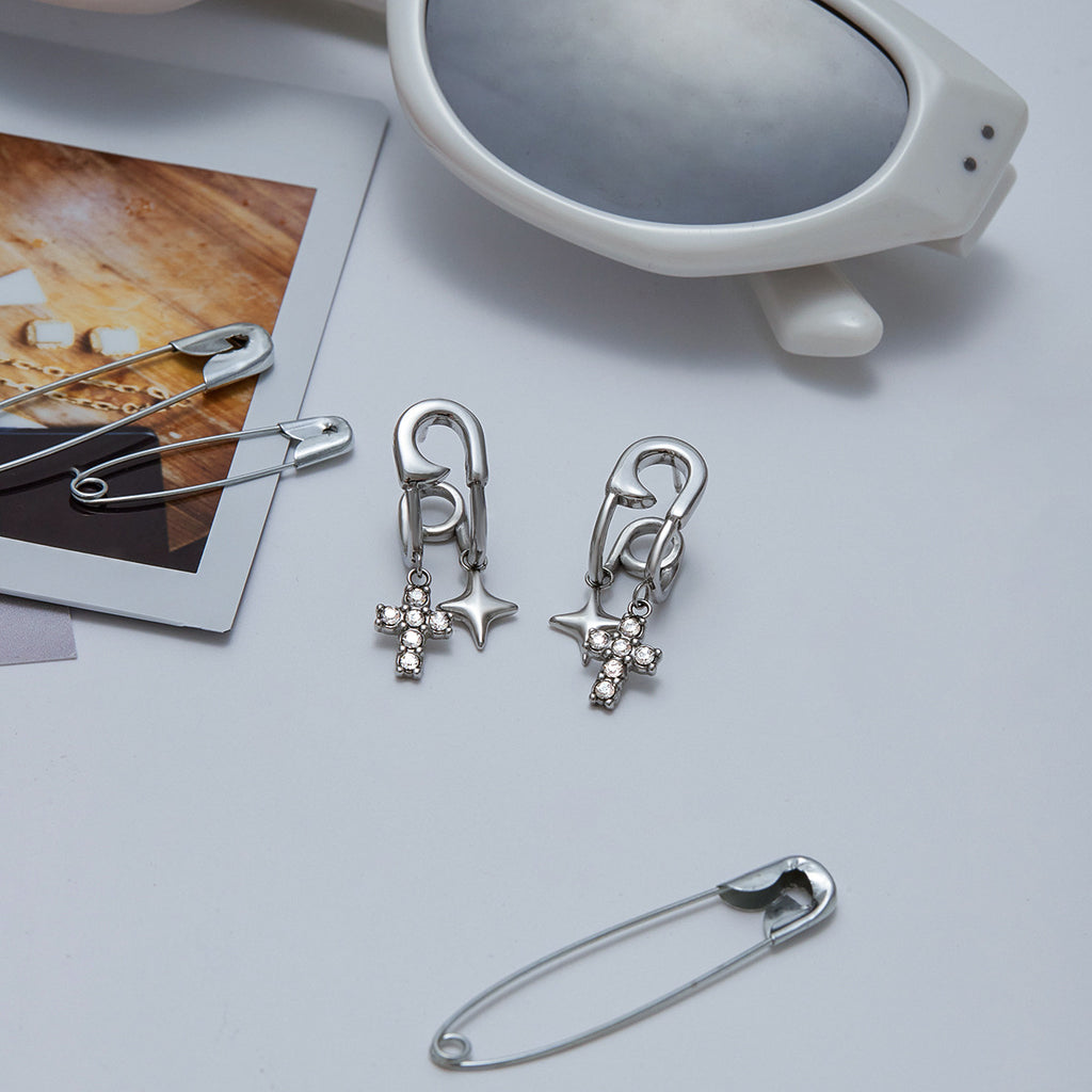 Stainless steel cross zircon pendant earrings