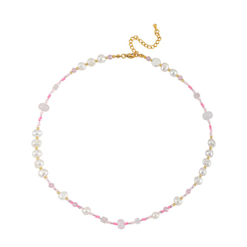 Natural freshwater pearl, colored rice beads, handcrafted beaded necklace