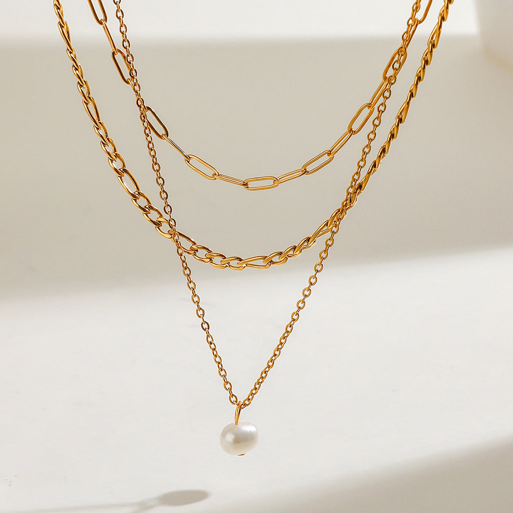 Stainless steel pearl multi-layered necklace