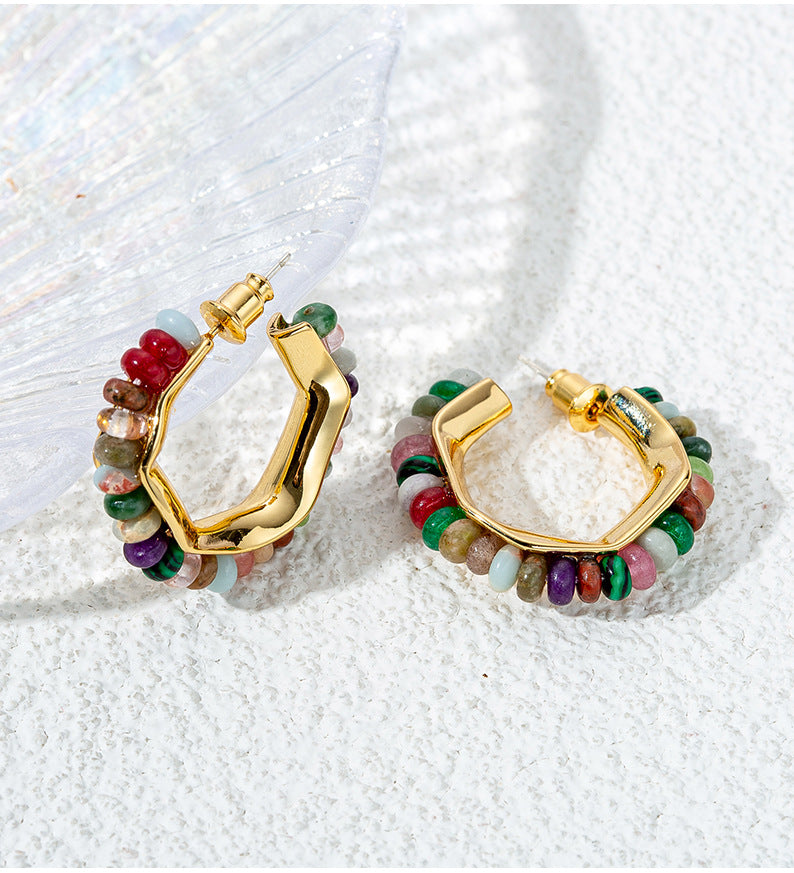 Colored natural stone beaded C-shaped earrings