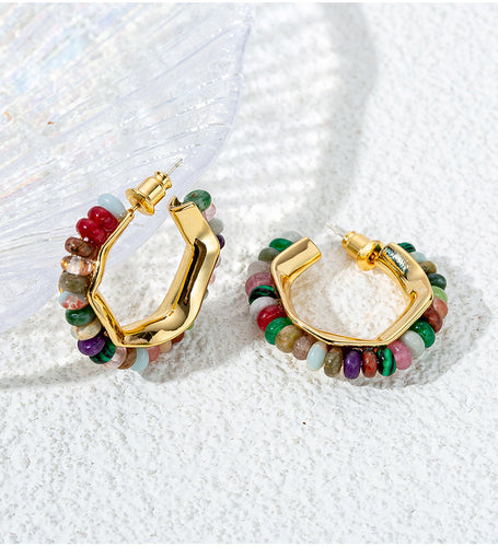 Colored natural stone beaded C-shaped earrings