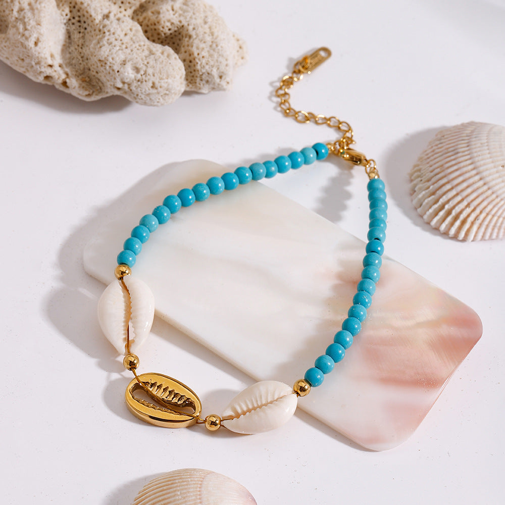 Stainless steel shell synthetic turquoise beaded anklets