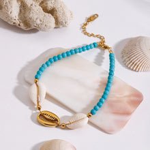 Load image into Gallery viewer, Stainless steel shell synthetic turquoise beaded anklets