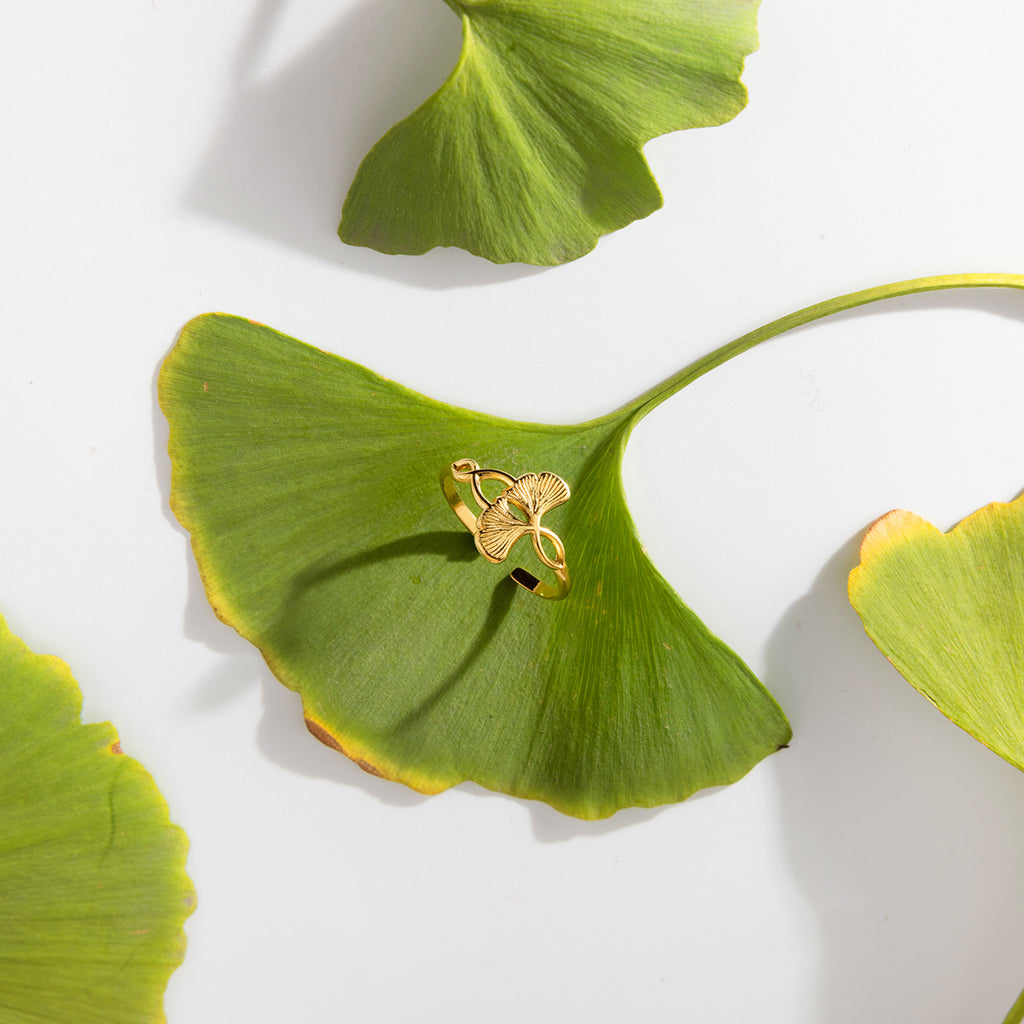 A stainless steel electroplated 18K gold line wound with ginkgo leaf adjustable opening ring