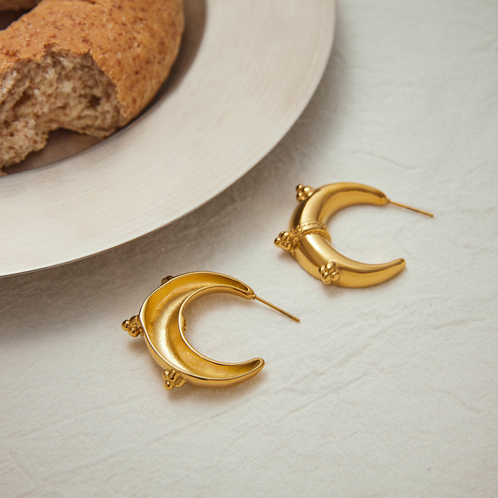 Golden stainless steel moon earrings