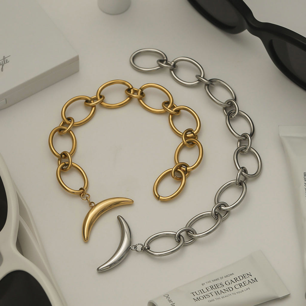 Golden, steel-colored stainless steel moon bracelet