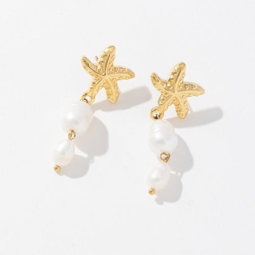 Golden stainless steel starfish pearl tassel pendant earrings