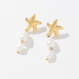 Golden stainless steel starfish pearl tassel pendant earrings