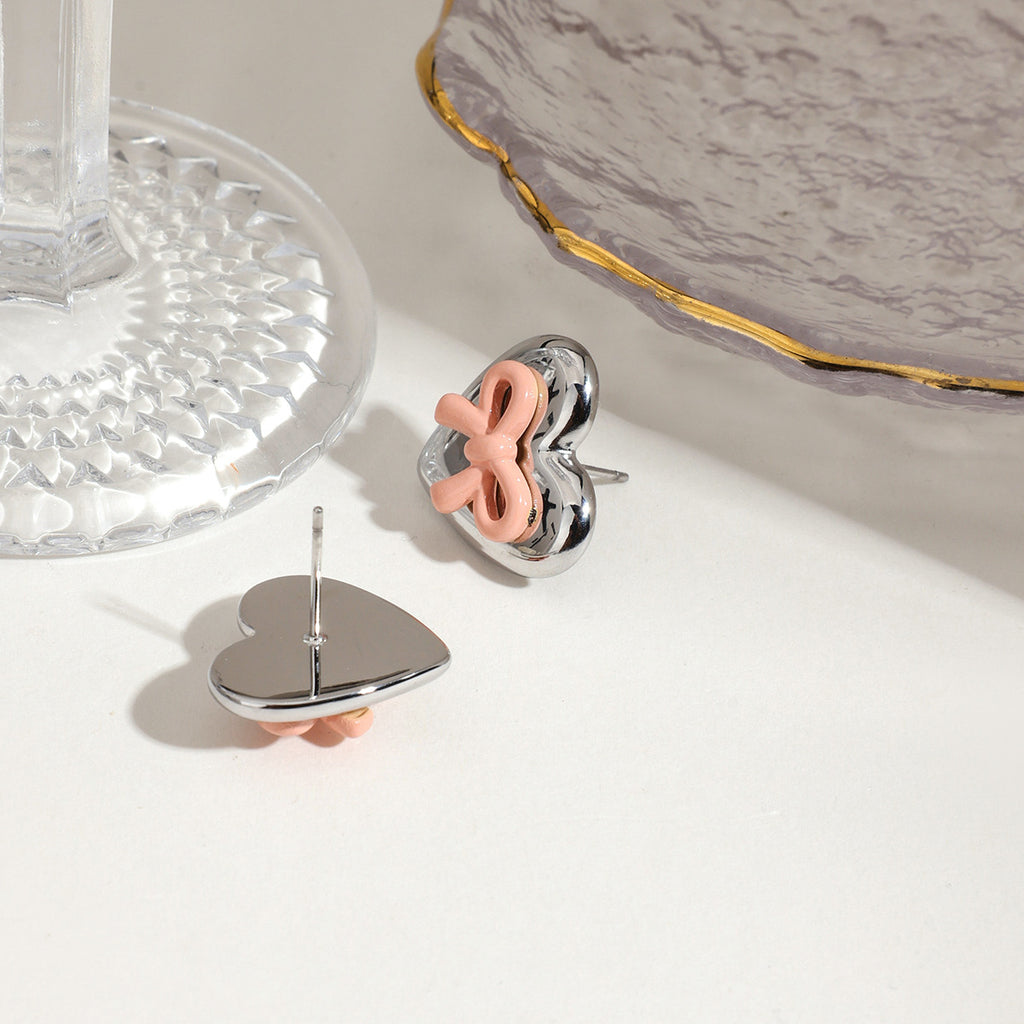 Stainless steel heart-shaped painted bow earrings