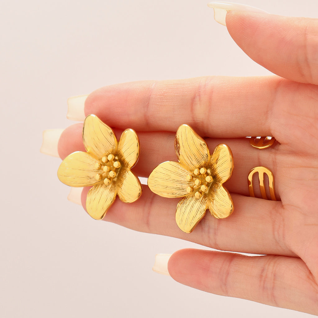Golden stainless steel camellia earrings