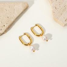 Load image into Gallery viewer, Golden stainless steel freshwater pearl pendant U-shaped earrings