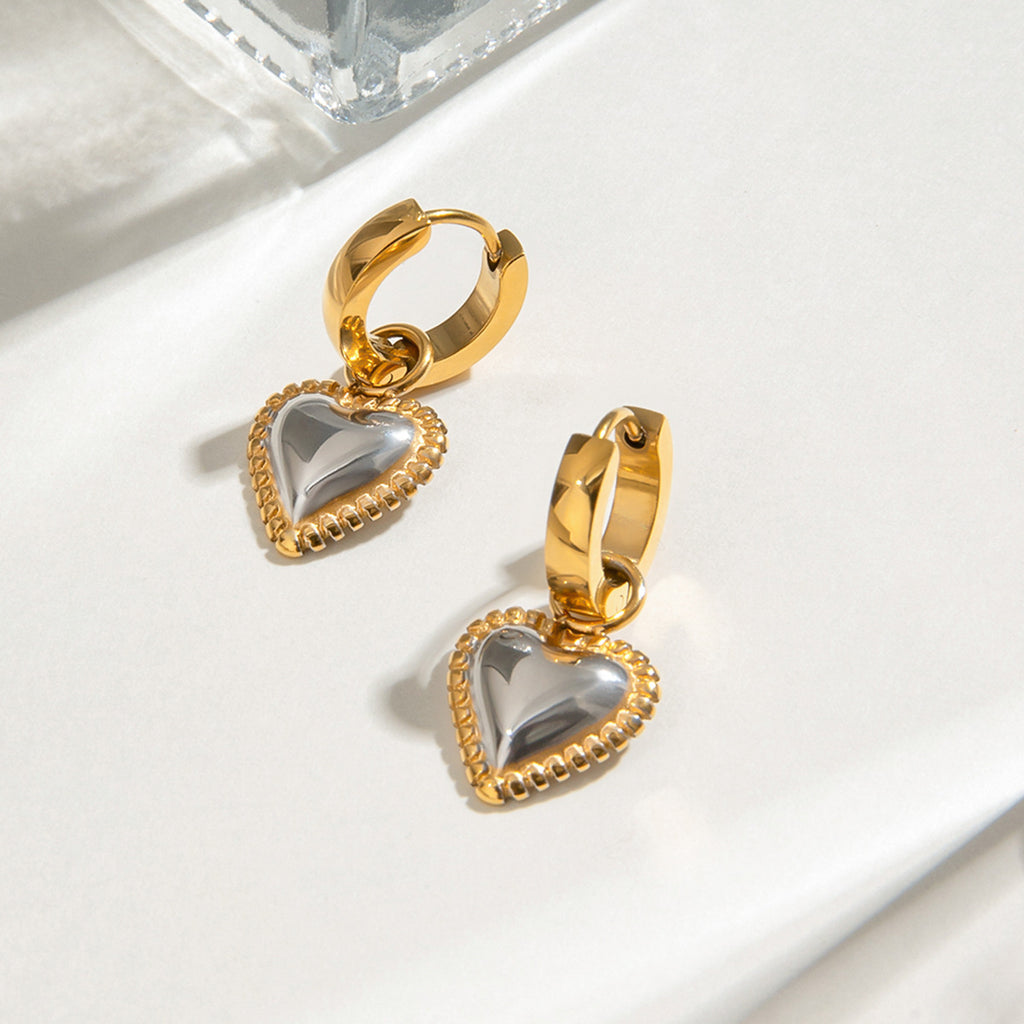 Stainless steel gold and silver color-matched heart-shaped pendant earrings