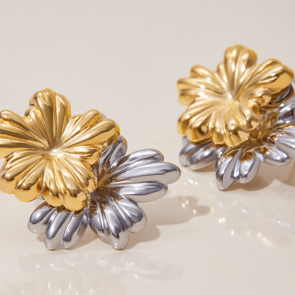Stainless steel gold and silver color-matched flower earrings
