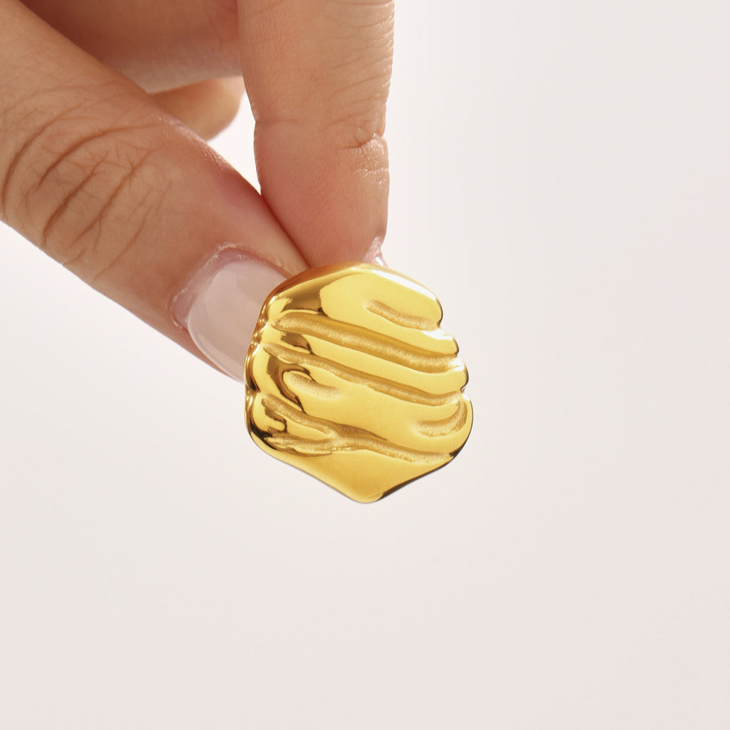 Golden stainless steel irregular pleated hammer pattern earrings