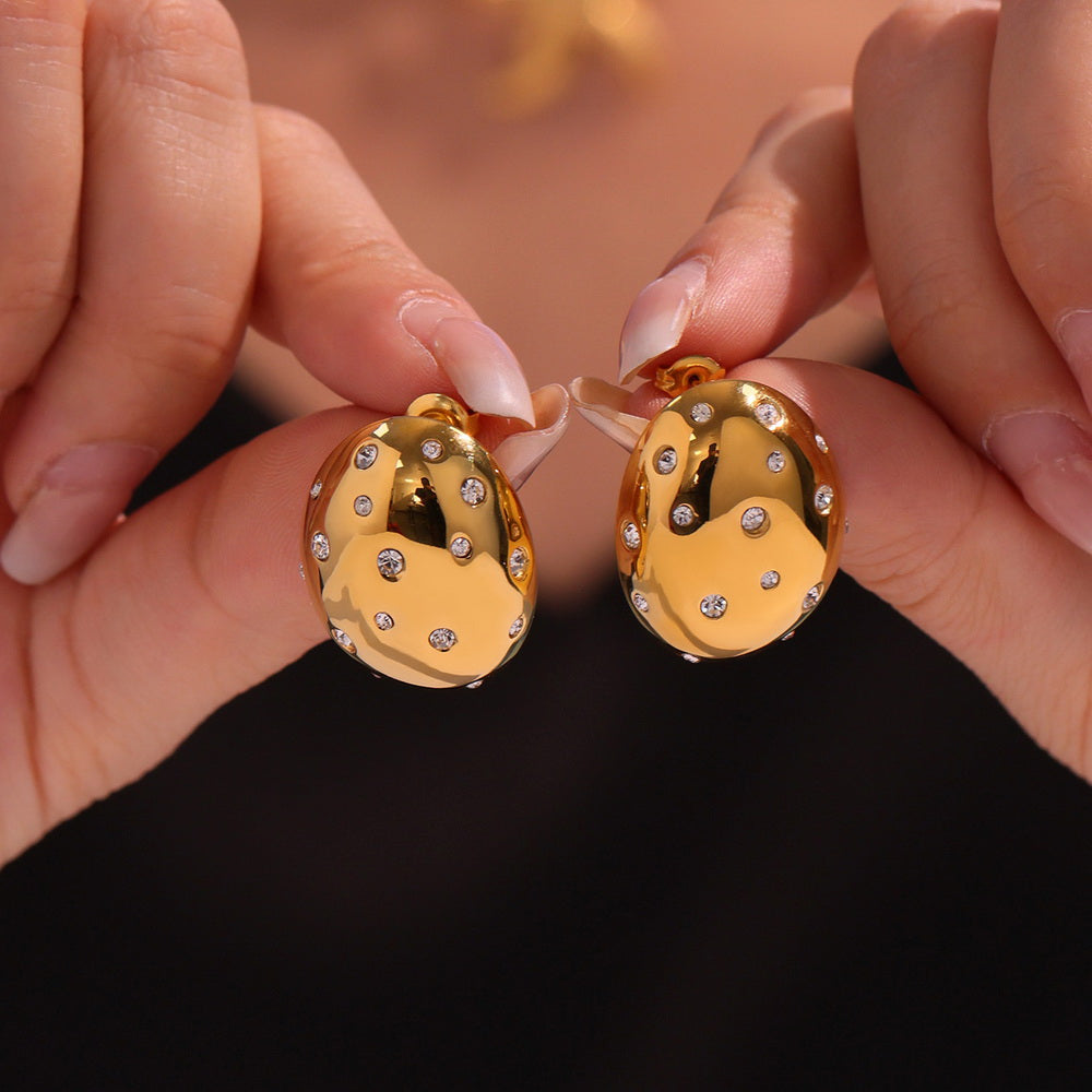 Stainless steel oval earrings with zircon smooth surface