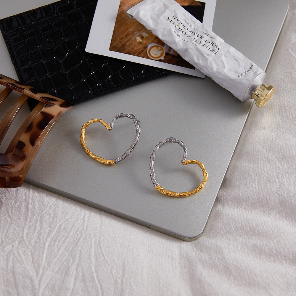 Gold and silver color-matched stainless steel heart-shaped exaggerated ear studs