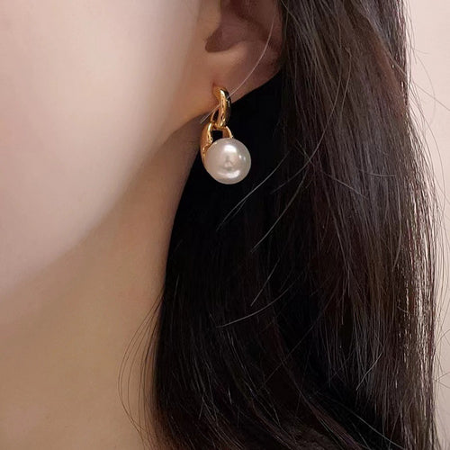 Golden stainless steel round pearl glass bead earrings