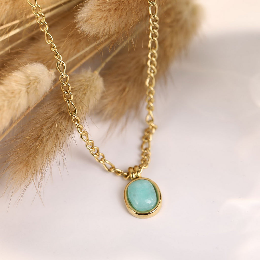 18K real gold color retention mint green Roman natural stone oval Tianhe stone necklace