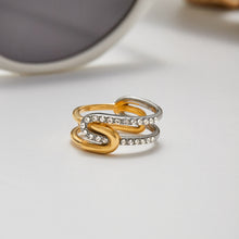 Load image into Gallery viewer, A stainless steel gold and silver color-matched rhinestone ring