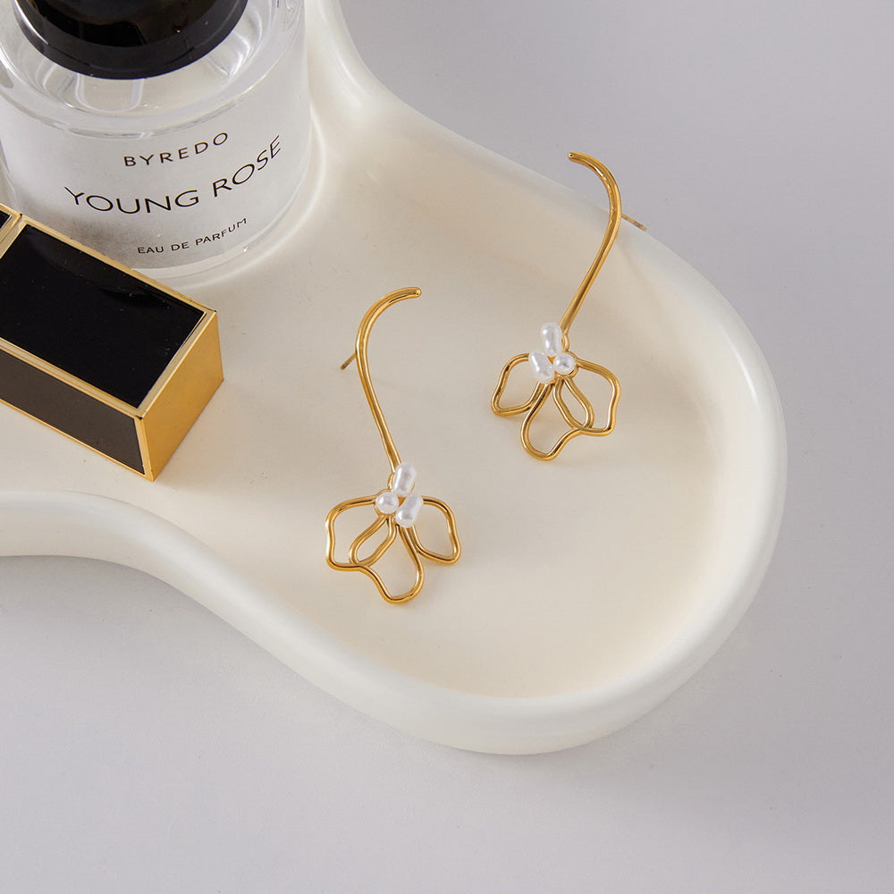 Stainless steel pearl flower long stud earrings