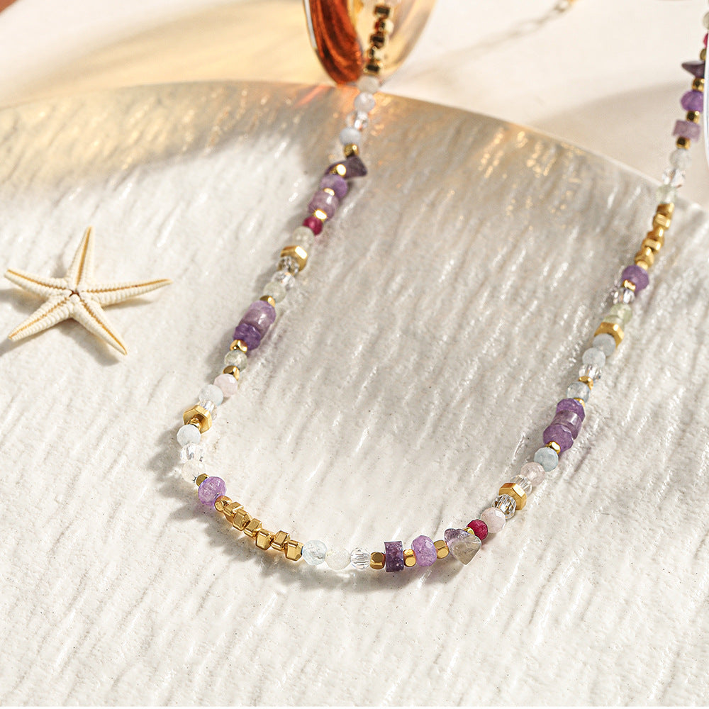 Purple natural stone beaded necklace