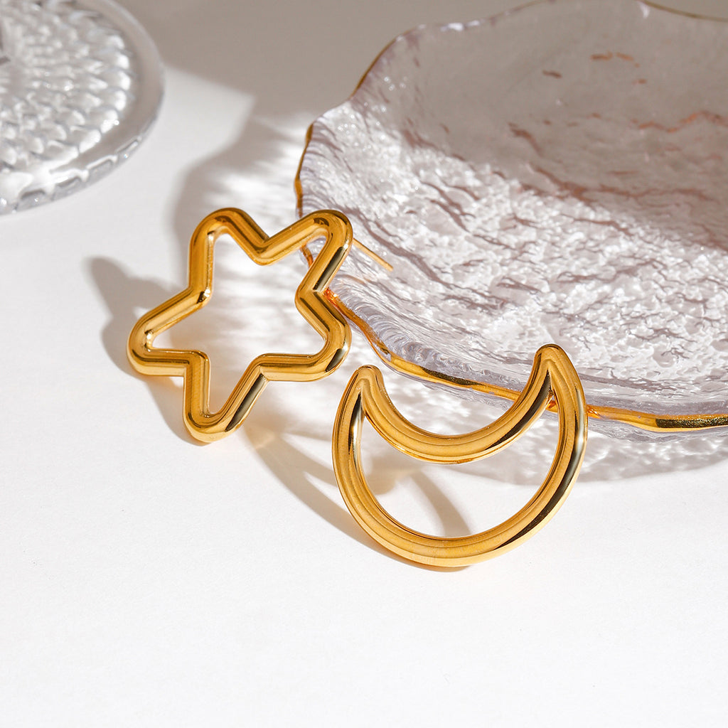 Stainless steel star and moon perforated earrings
