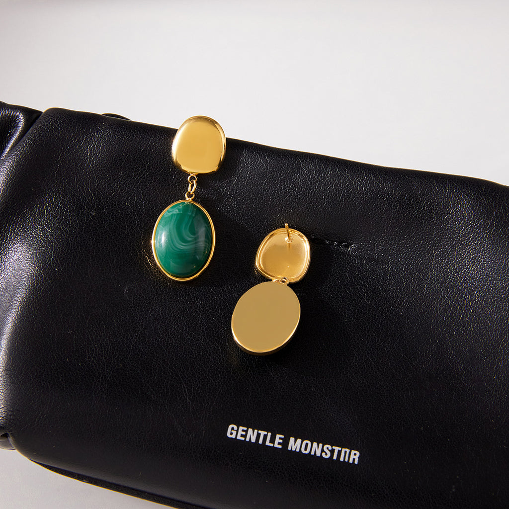 Stainless steel green resin pendant earrings