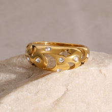 Load image into Gallery viewer, A stainless steel ring with diamond-encrusted and hollowed-out stars and moons