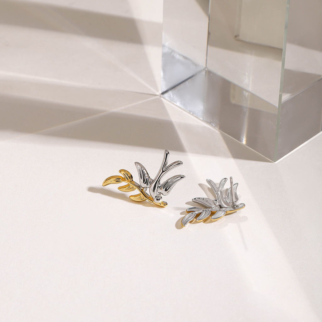 Stainless steel gold and silver color-matched dove leaf earrings