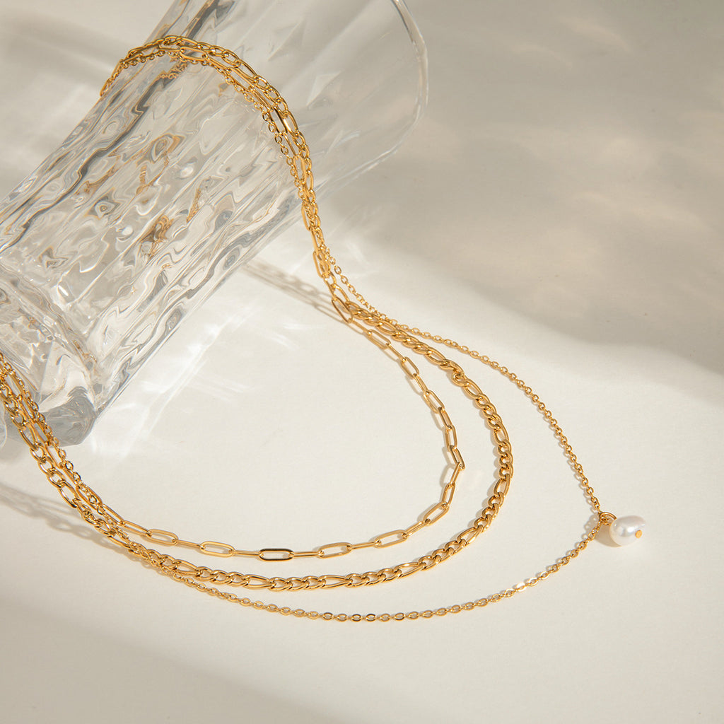 Stainless steel pearl multi-layered necklace