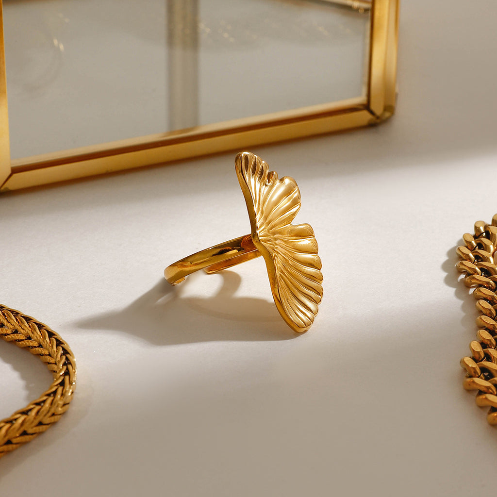 Golden stainless steel ginkgo leaf open ring