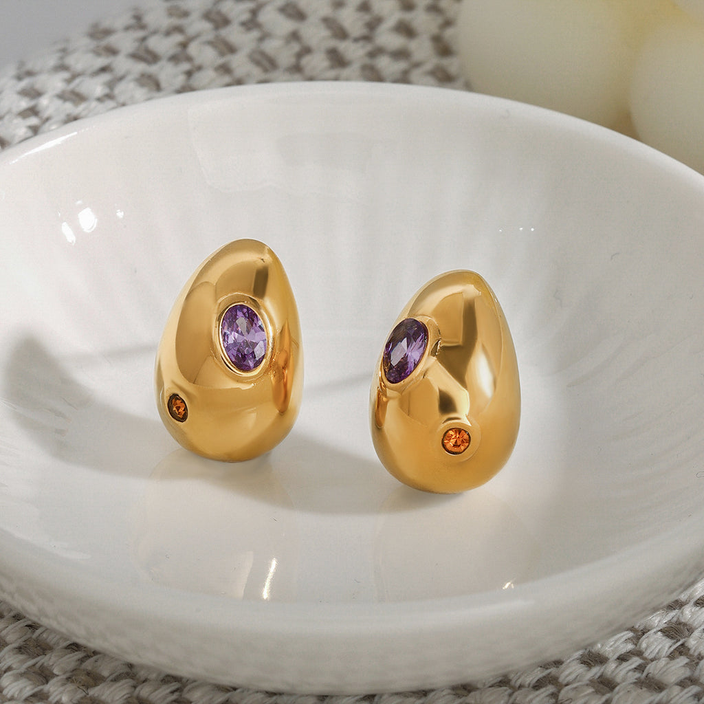 Stainless steel bean ear studs with zirconium inlaid