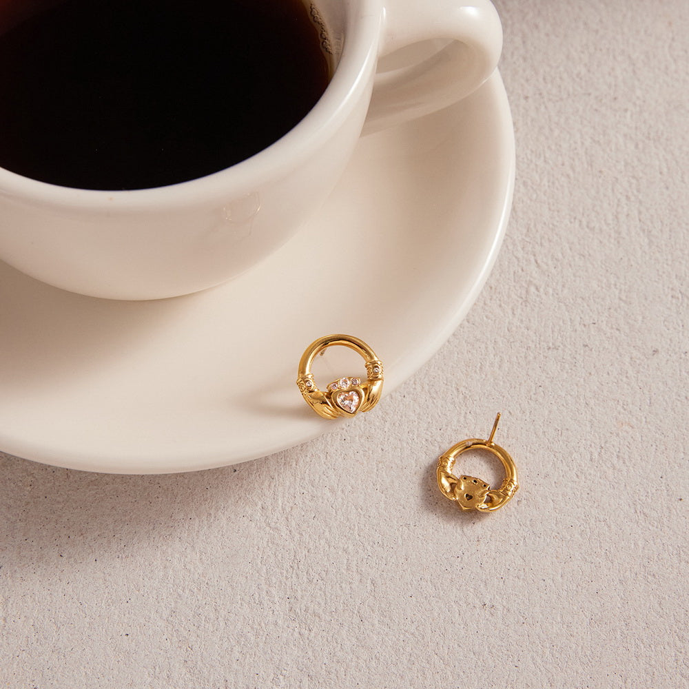 Stainless steel zirconium-inlaid friendship hand round stud earrings