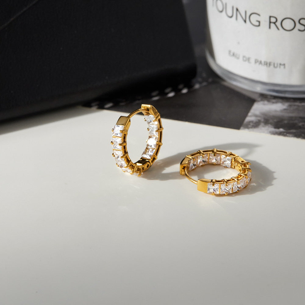 Golden stainless steel and white zircon earrings