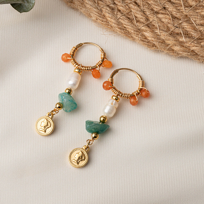 Colored natural stone long earrings