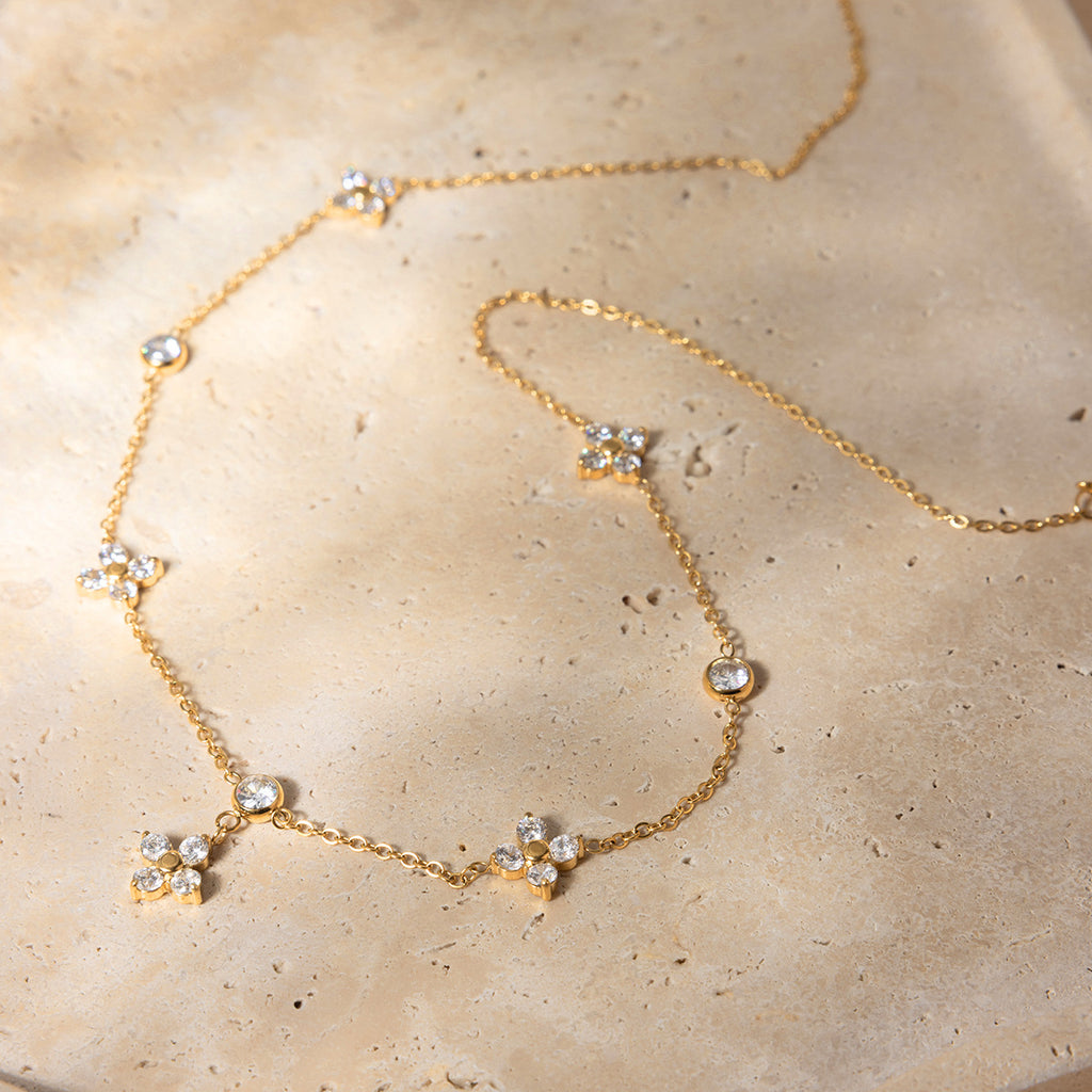 18K stainless steel white zircon four-leaf clover necklace