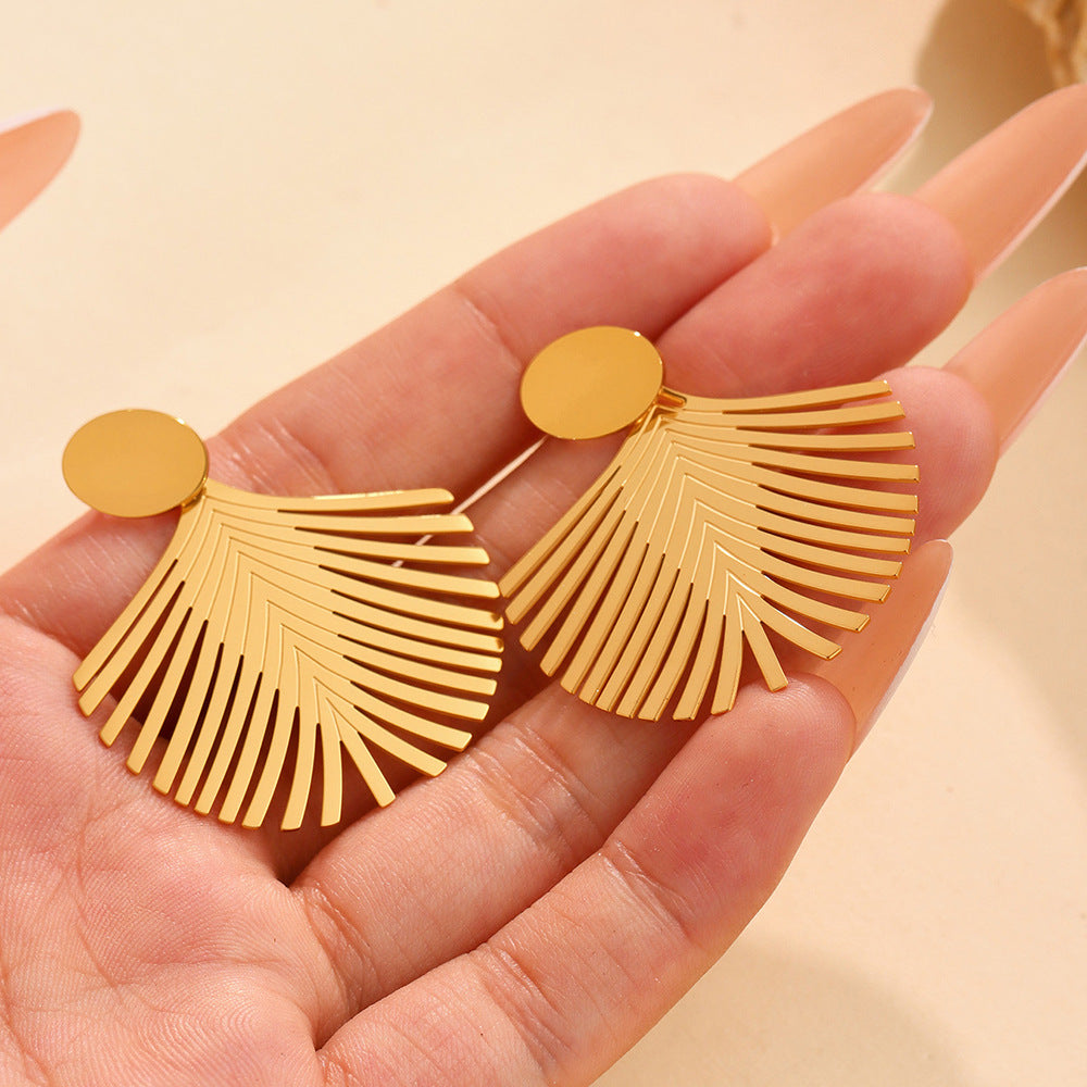 Golden stainless steel ocean beach leaf tree texture earrings