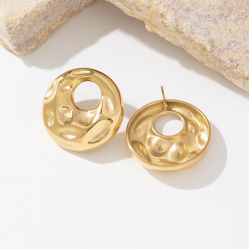 Stainless steel 18K gold round embossed hollowed-out earrings