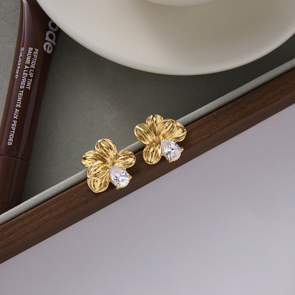 Golden stainless steel flower white zircon earrings and stud earrings