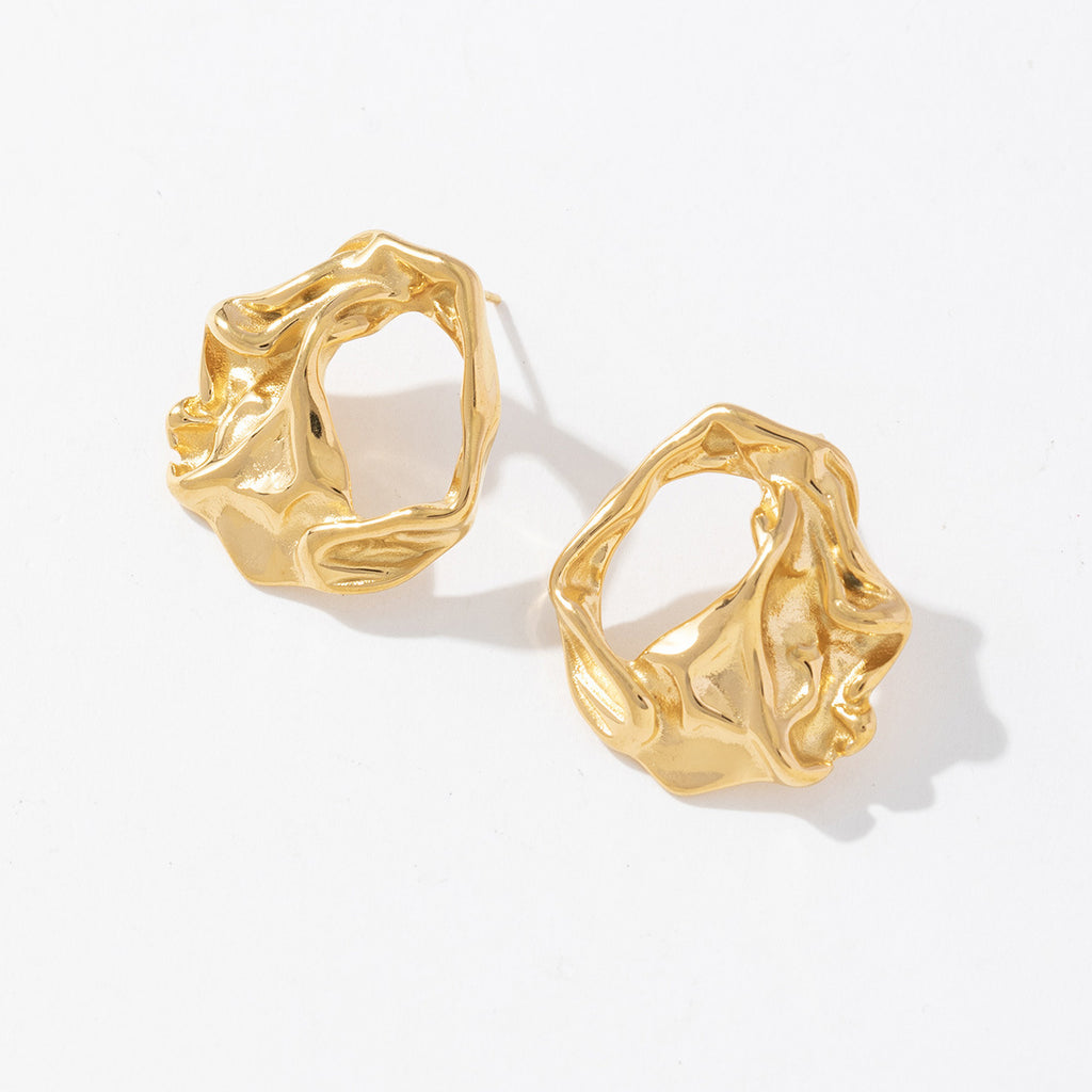 18K gold stainless steel hollowed-out embossed pleated earrings