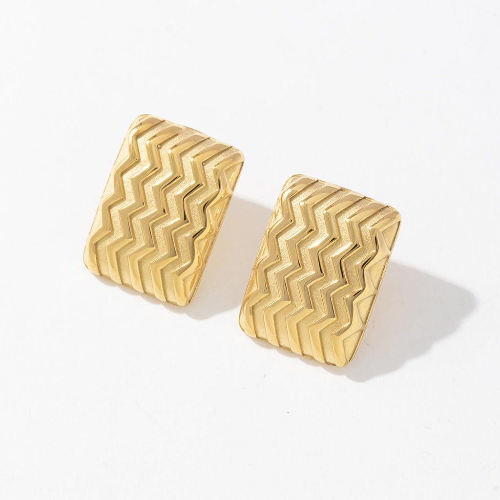 Stainless steel golden square wavy brushed earrings