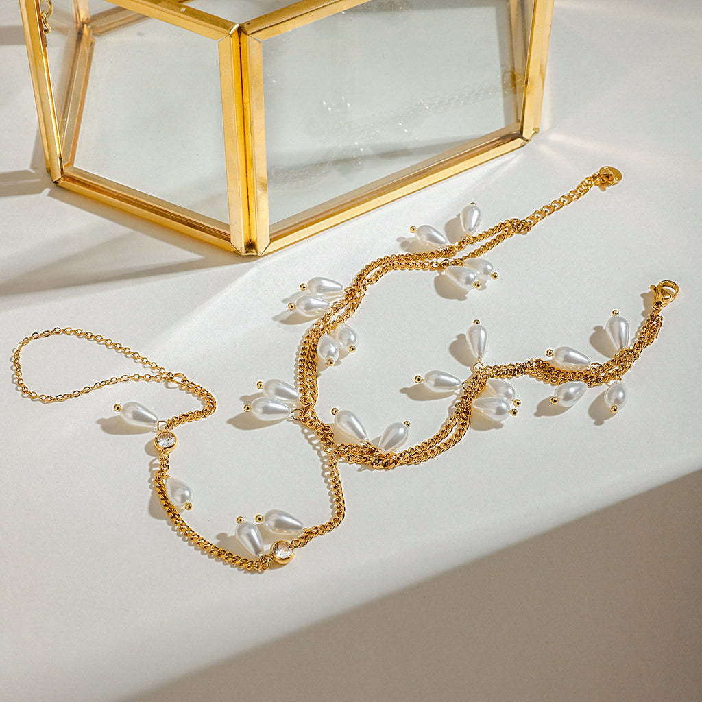 18K gold stainless steel white lily pearl zircon double toe chain