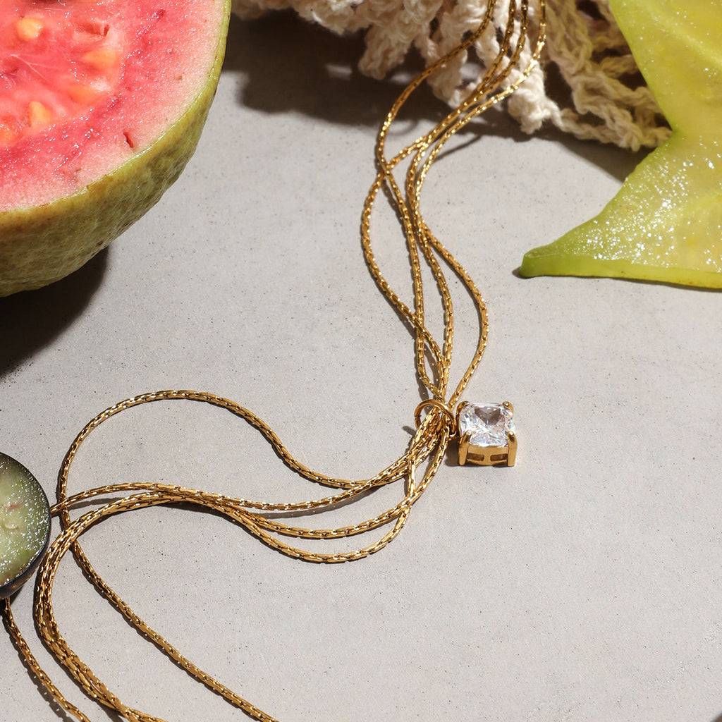 Stainless steel square zircon pendant four-layer chain necklace