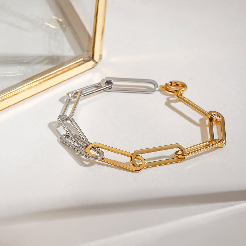 Stainless steel gold and silver color-matched paperclip chain bracelet
