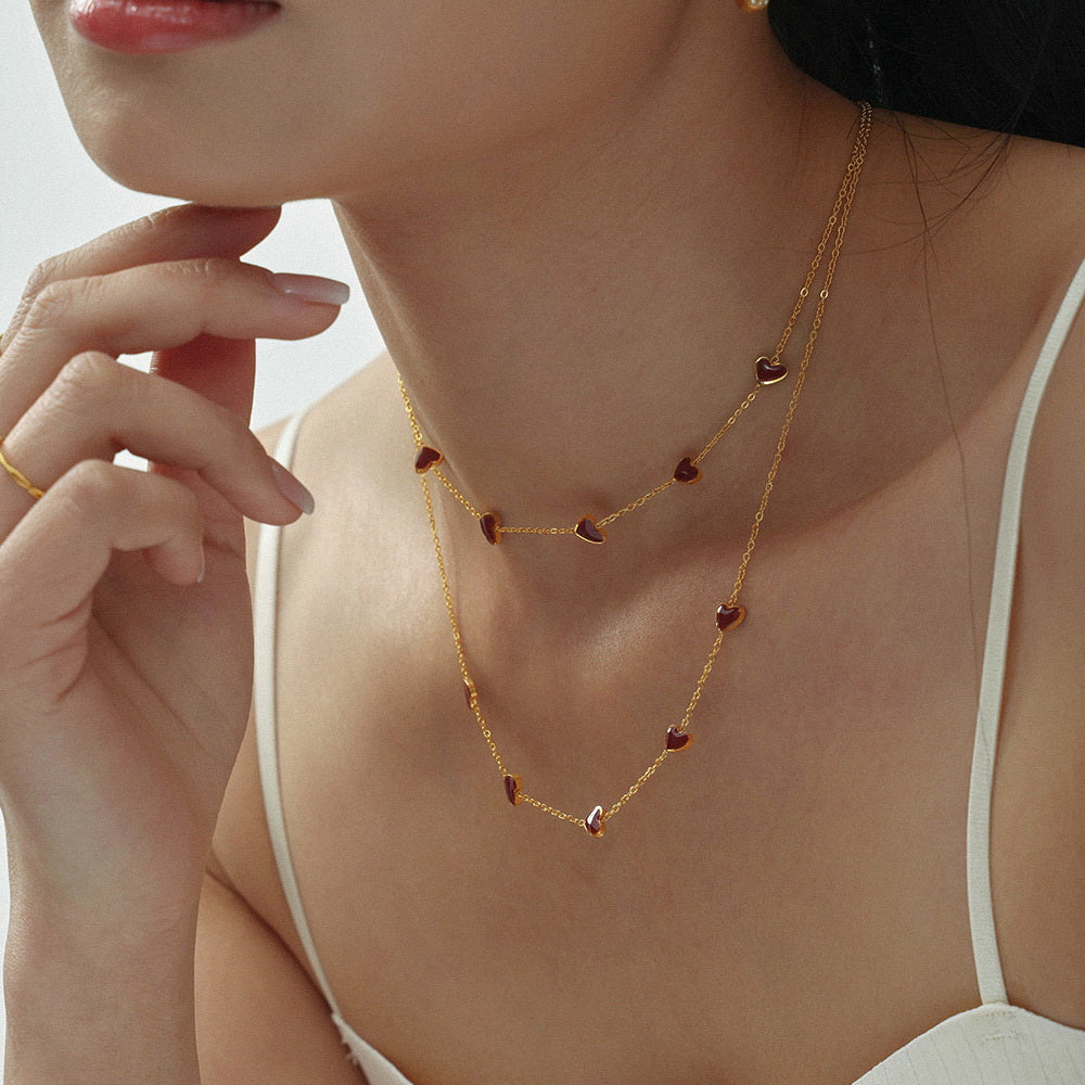 Stainless steel gold-plated wine red enamel oil dripping heart necklace collarbone chain