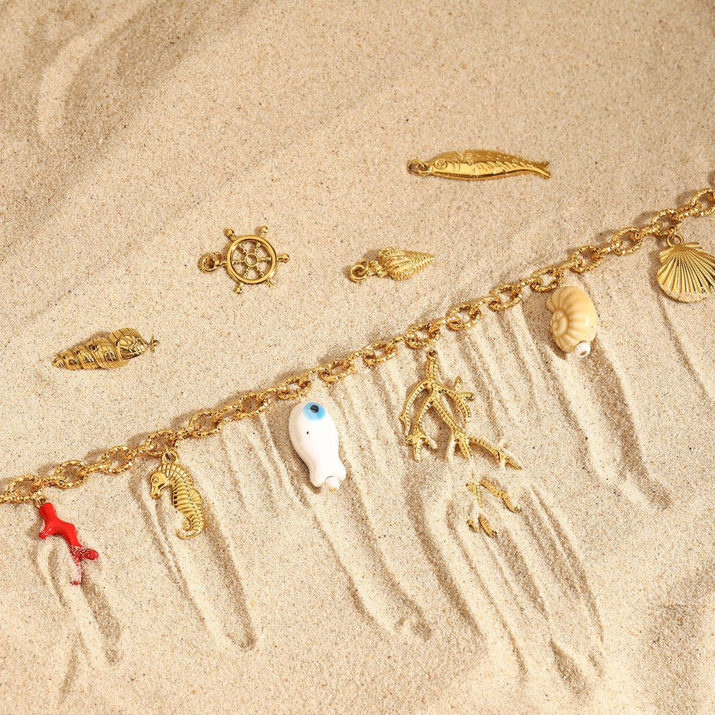 Marine beach coral shell pendant stainless steel necklace
