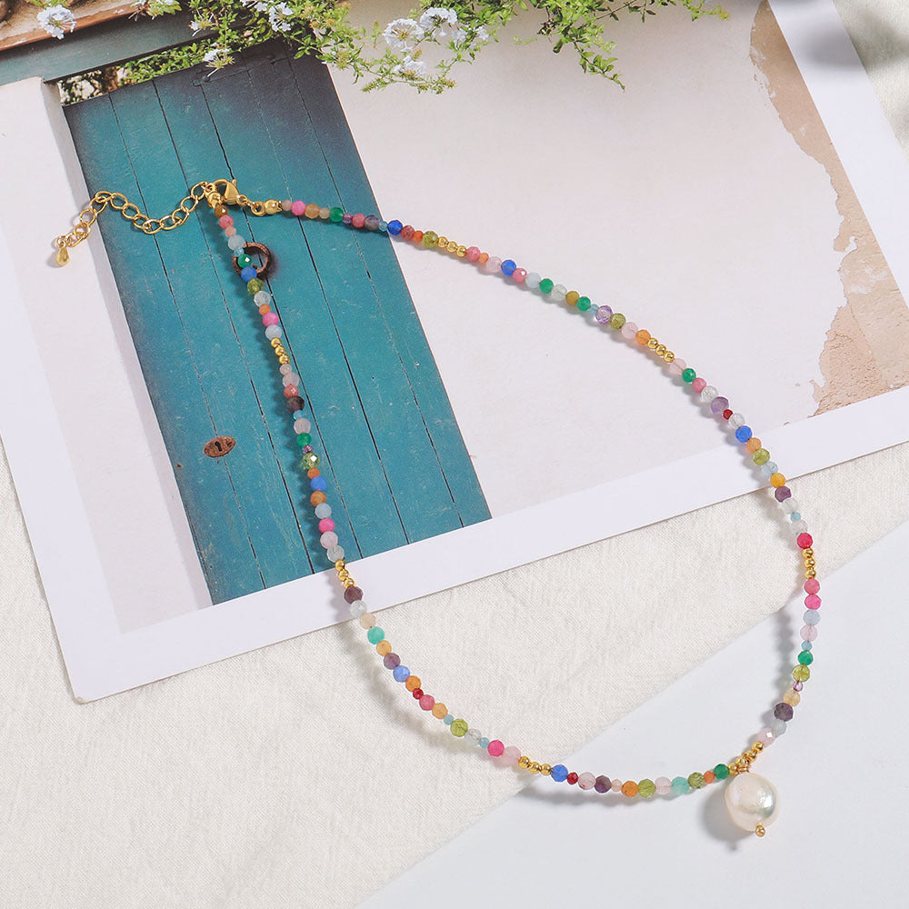 Colored natural zircon pearl pendant handcrafted beaded necklace