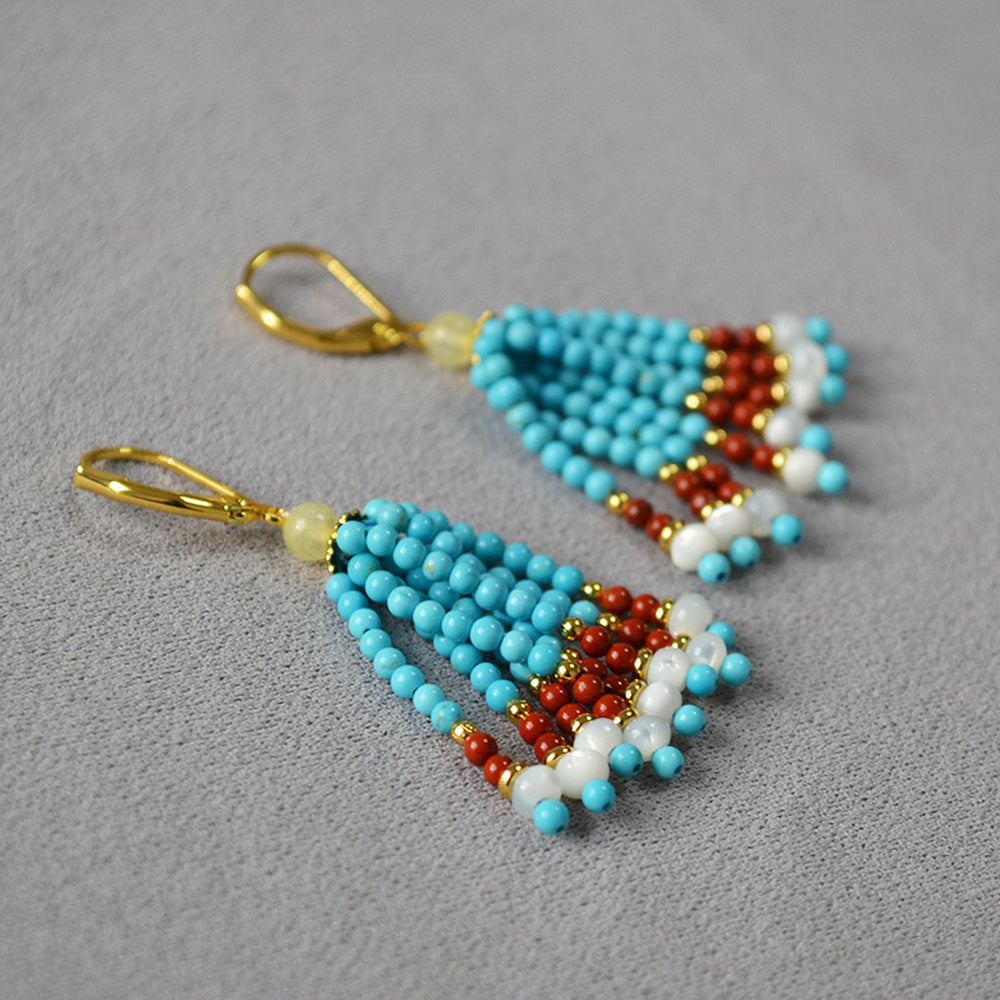 Turquoise shell handcrafted beaded tassel earrings